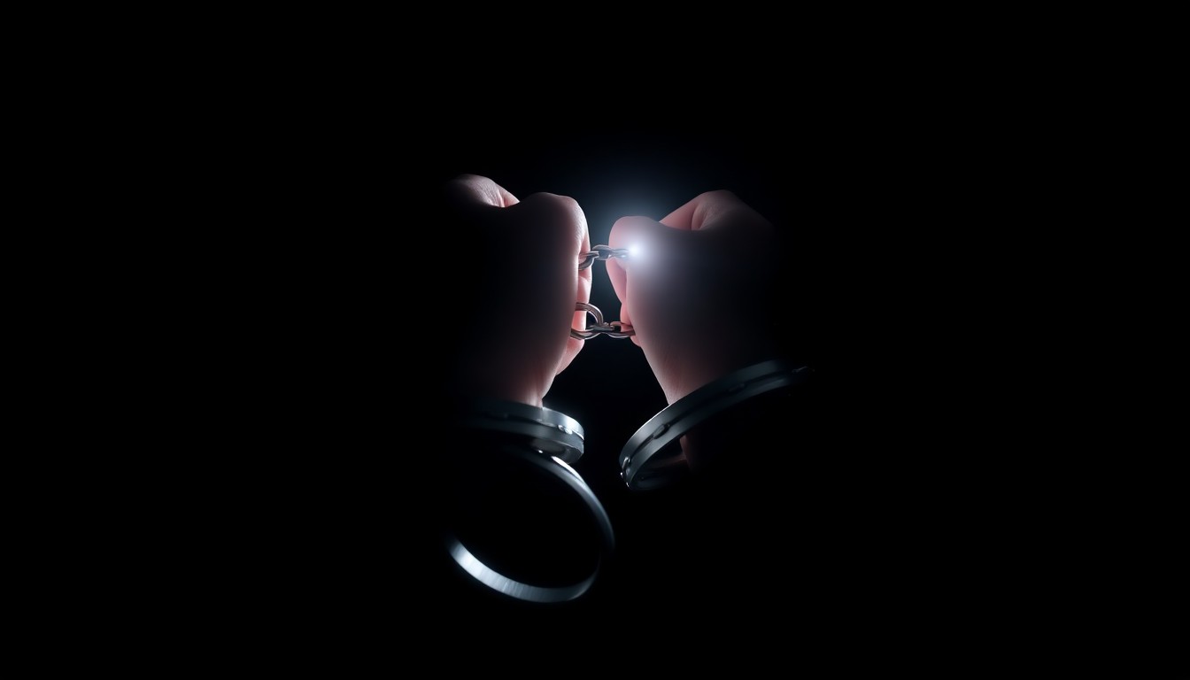 An extreme close-up photograph of handcuffed wrists against a dark background, conveying the serious nature of the arrest and charges through dramatic lighting and framing.
