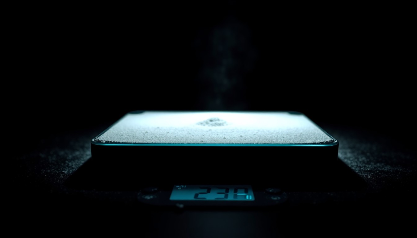 An extreme close-up photograph of a digital scale covered in white powder, lit by a harsh, direct camera flash against a pitch-black background, conceptually illustrating the evidence seized during a drug raid.
