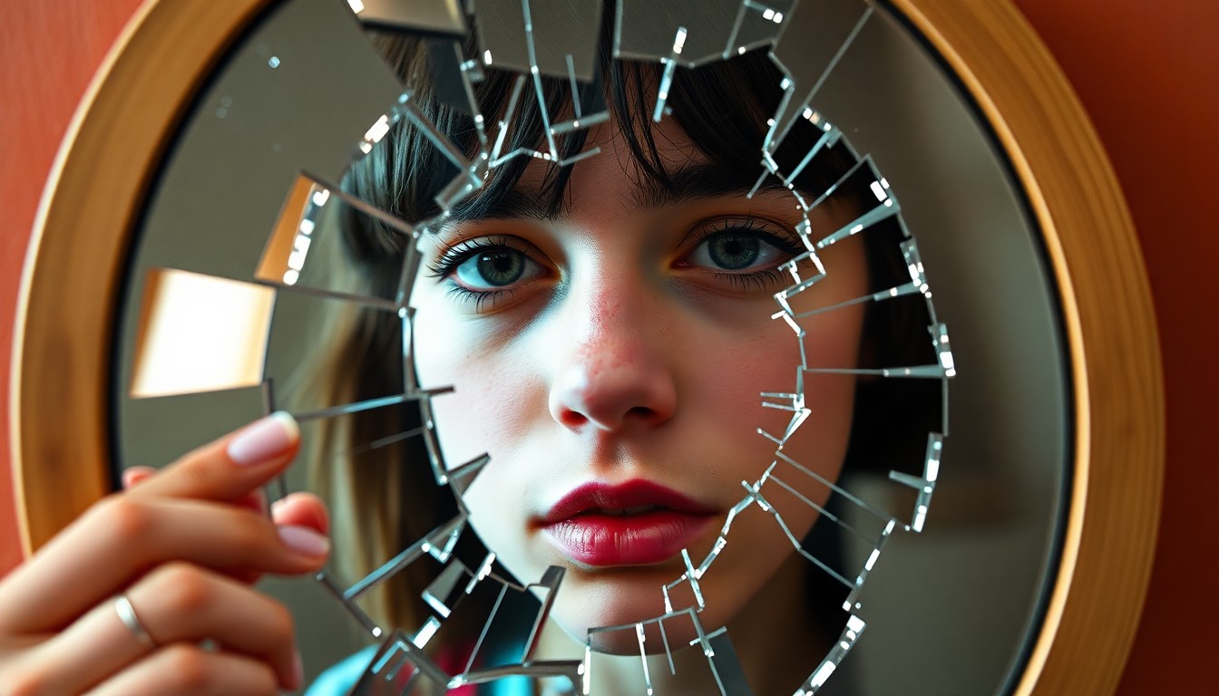 An extreme close-up of a shattered mirror reflecting a distorted, glitchy image of a young person's face, conceptually representing the mental health struggles of social media influencers.