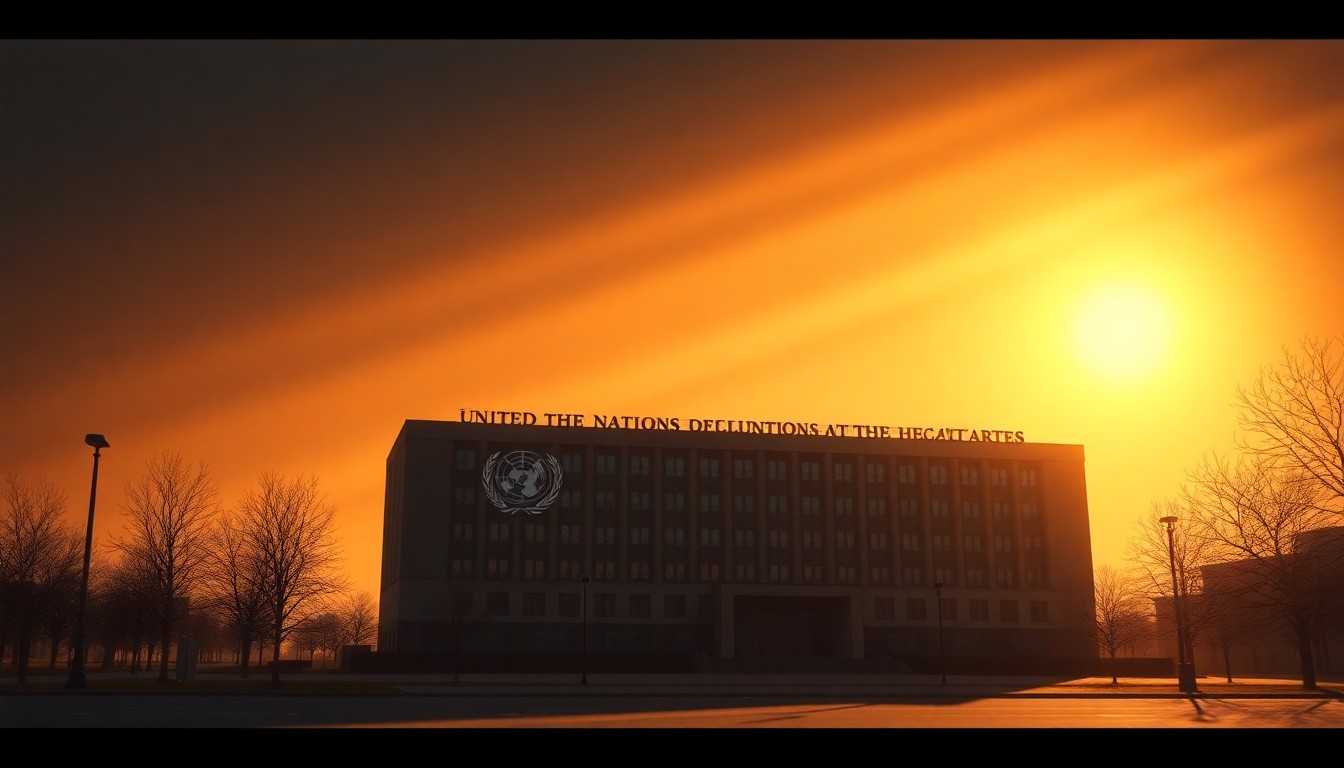 A serene, cinematic painting of the United Nations headquarters building in New York City, with the iconic structure bathed in warm, golden light and deep shadows, conveying a sense of quiet contemplation and the need for environmental stewardship within the global institution.