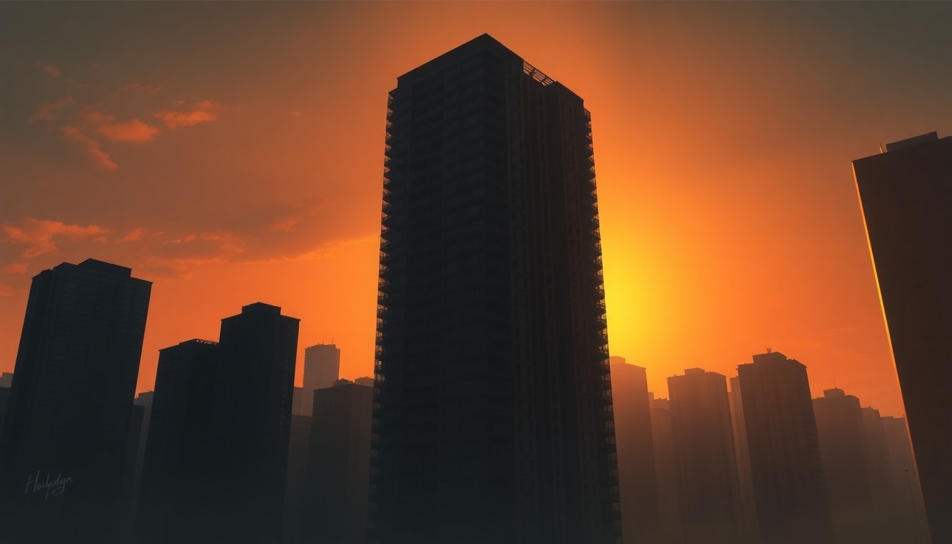 A photorealistic painting of a tall, glass-and-steel luxury apartment building in New York City, with the facade bathed in warm, golden sunlight and deep shadows, conveying a sense of urban wealth and exclusivity.