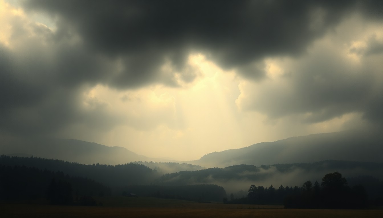 A vast, atmospheric landscape painting depicting a rural Massachusetts countryside shrouded in heavy fog and dramatic, stormy clouds, conveying the overwhelming power of the natural world.