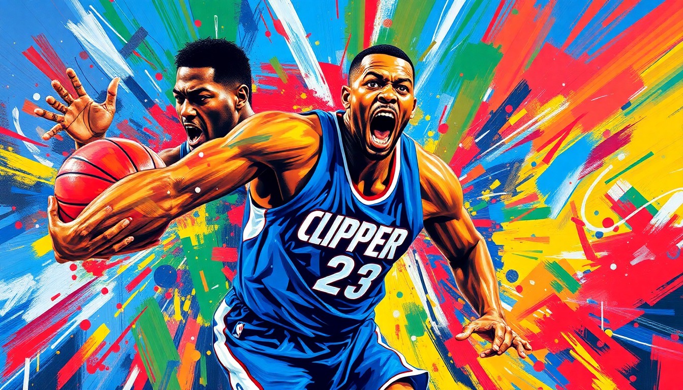 An abstract, energetic painting in neon colors and expressive brushstrokes, capturing the intensity and drama of the Clippers' stunning turnaround season and their upcoming high-stakes matchup against the Warriors.
