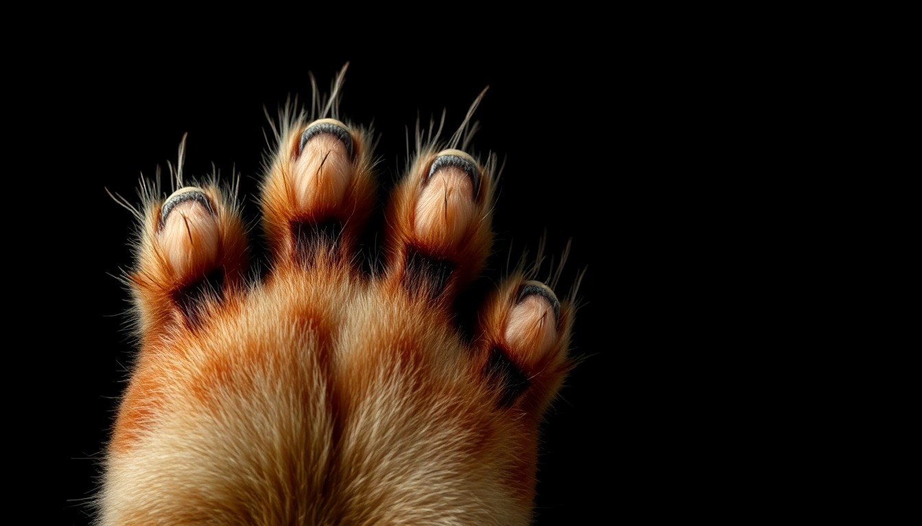 An extreme close-up of a cat's paw with severe chemical burns, the damaged skin and fur captured in stark detail against a pitch-black background.