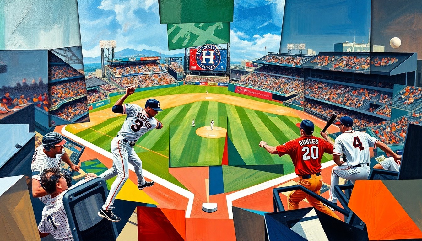 A fractured, cubist-style painting depicting the dynamic motion and energy of a baseball game, with the players' forms deconstructed into abstract geometric shapes and colors.