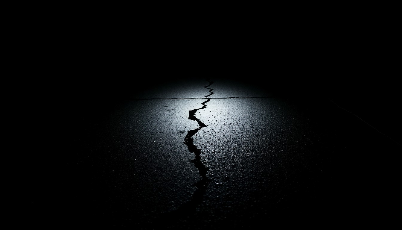 An extreme close-up photograph of a cracked and damaged sidewalk, lit by a harsh, direct camera flash against a pitch-black background, conceptually representing the aftermath of a violent attack.