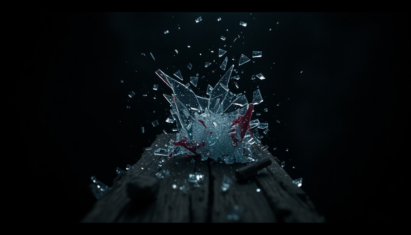 An extreme close-up of shattered glass and splintered wood in a dark, moody studio setting, conceptually representing the intense, visceral horror of the 'Evil Dead Burn' trailer.