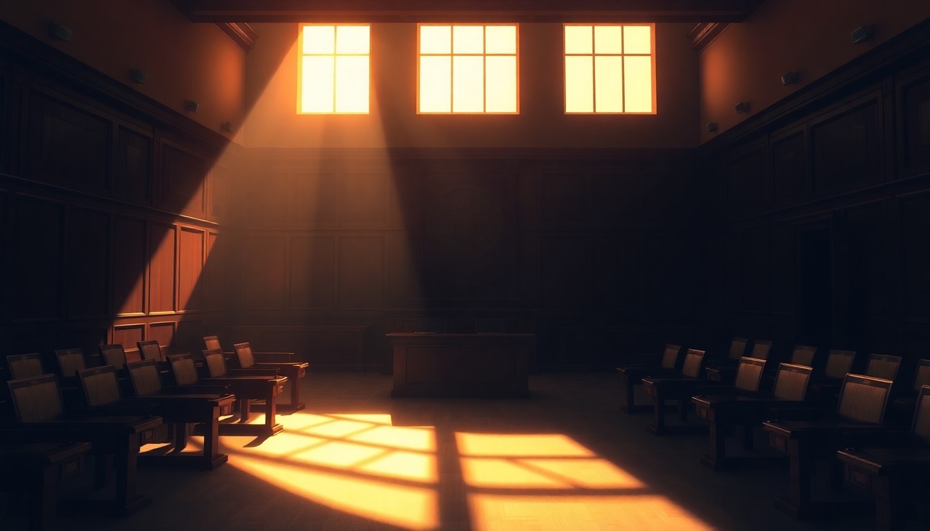 A dimly lit, empty courtroom with wooden benches and a judge's bench, the room bathed in warm, golden light streaming through tall windows, creating a sense of quiet contemplation about the criminal justice system.