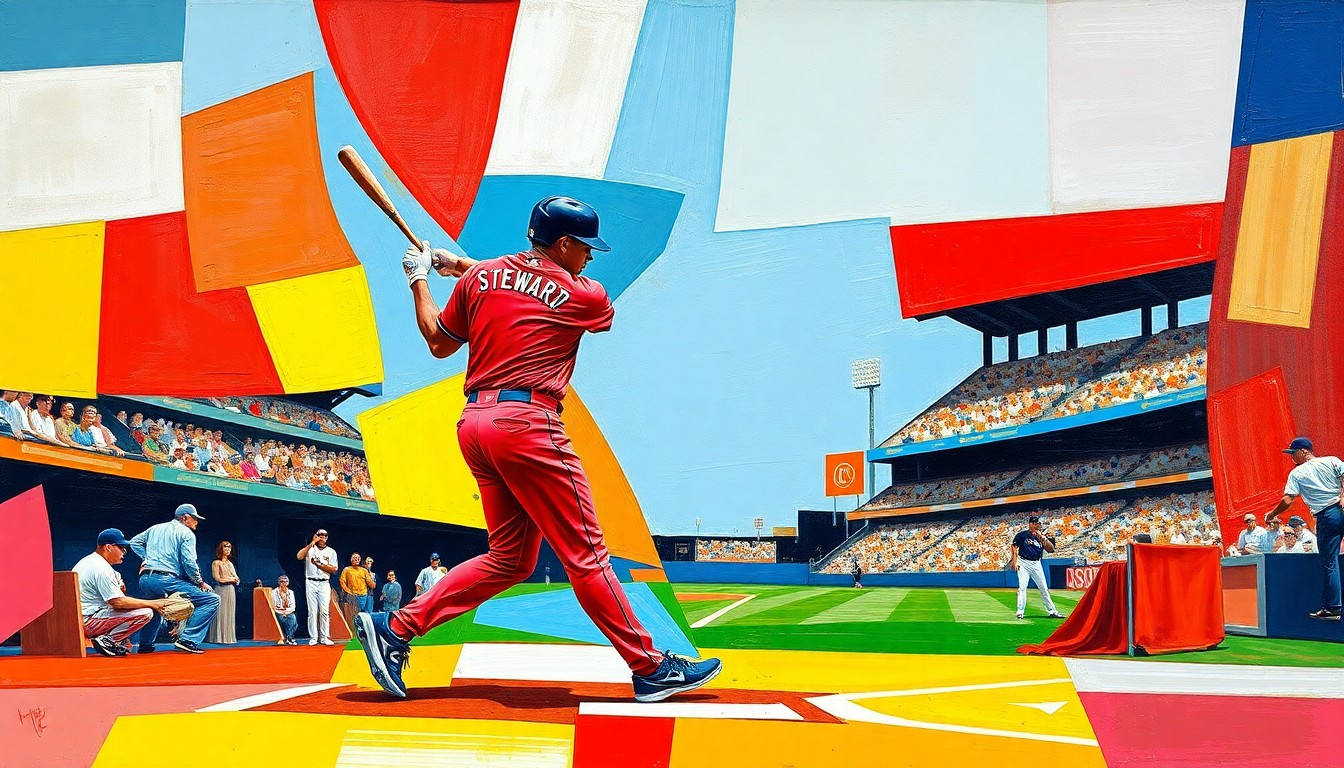 A fractured, geometric painting depicting the motion and energy of a baseball game, with overlapping planes of color representing the players, field, and ball.