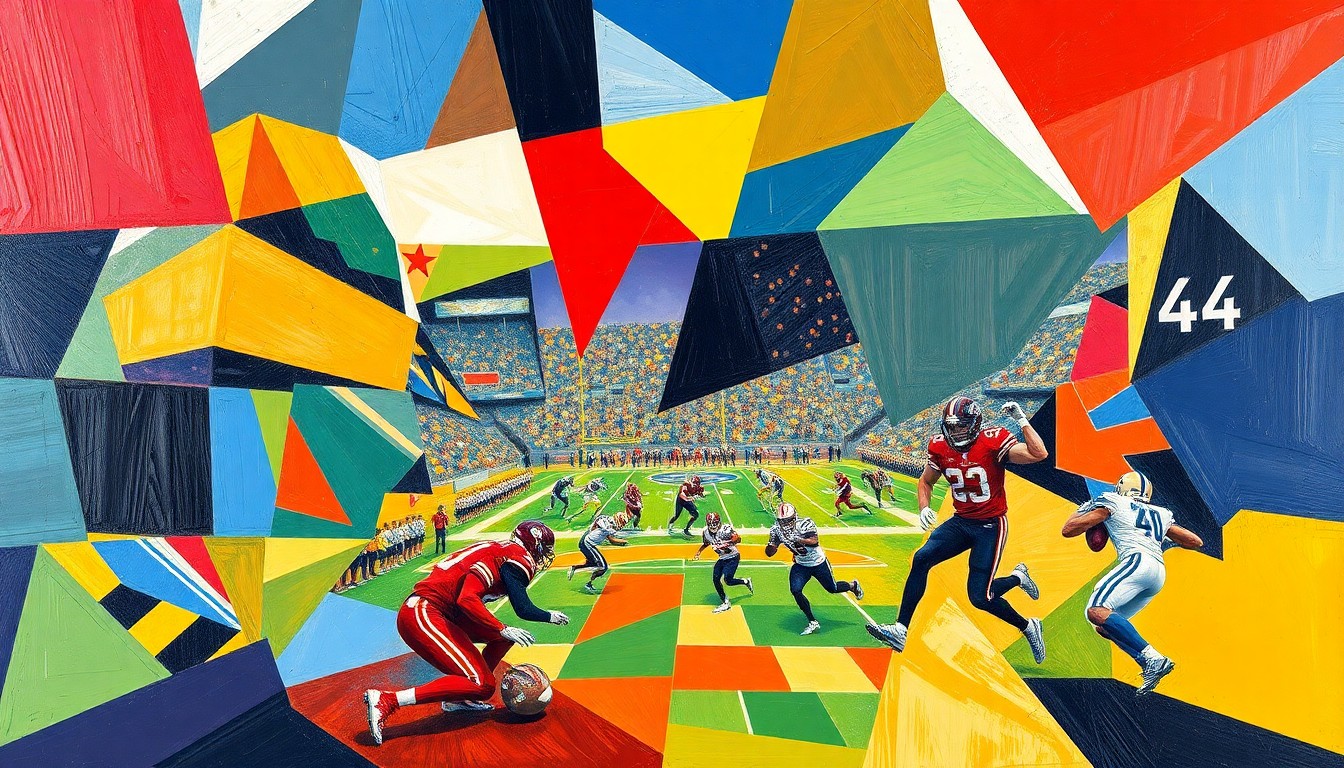 A cubist painting depicting a college football game broken down into sharp, overlapping geometric shapes in vibrant colors, conceptually representing the disruption and fragmentation of the sport.