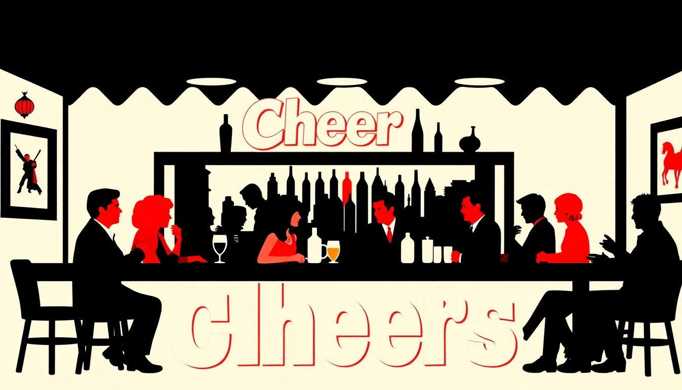 An abstract, minimalist illustration featuring bold, jagged shapes and silhouettes in high-contrast red and white, conceptually representing the iconic Cheers bar and its ensemble cast.