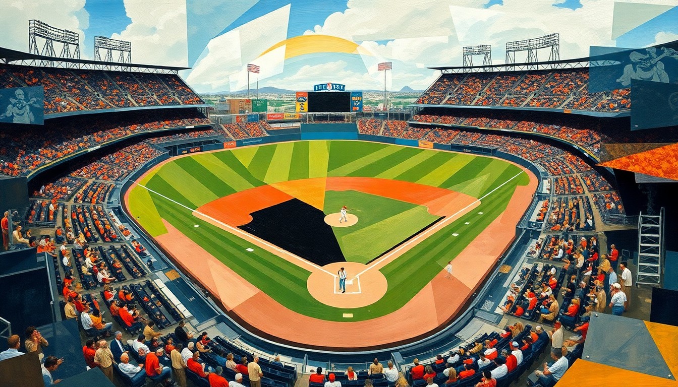 A fractured, multi-perspective painting in the style of Pablo Picasso, breaking a baseball game down into sharp, overlapping geometric planes of color and motion, with no recognizable players or stadium features.
