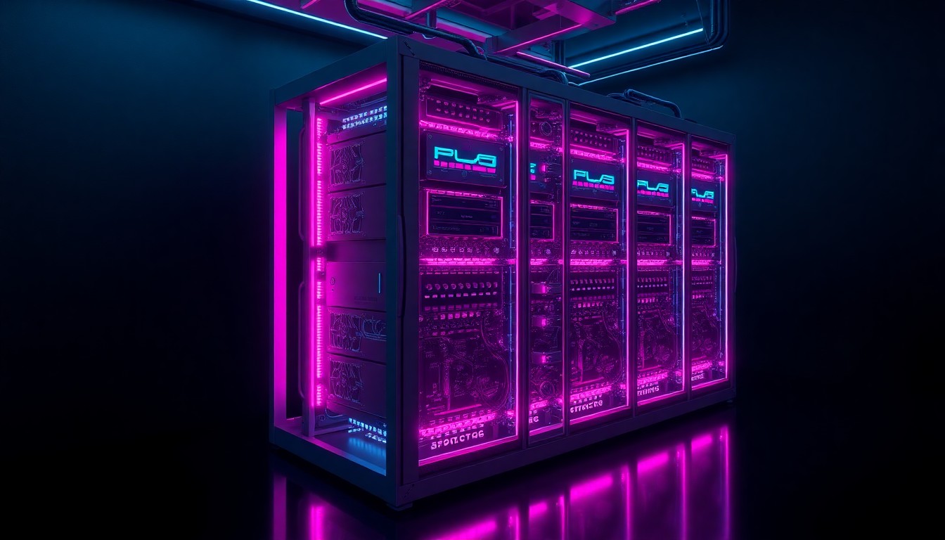 A highly detailed 3D illustration of a glowing quantum computing server rack, with neon cyan and magenta lights illuminating the complex circuitry and components, conceptually representing the technological innovation in quantum computing and communications at Ohio State University.