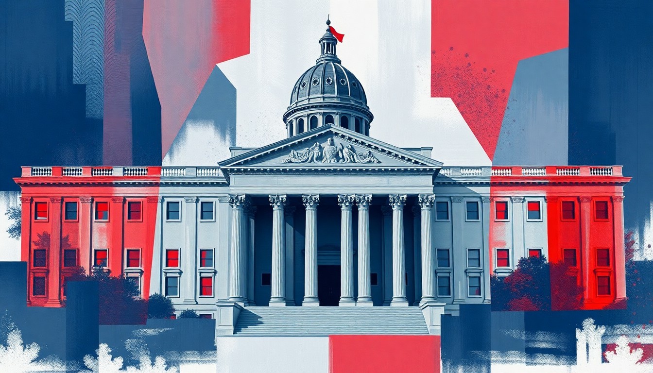 A heavily textured, abstract painting of a government building in shades of navy, gray, and red, with the facade repeated in overlapping, fractured geometric shapes, conveying a sense of tension and conflict over immigration policies.