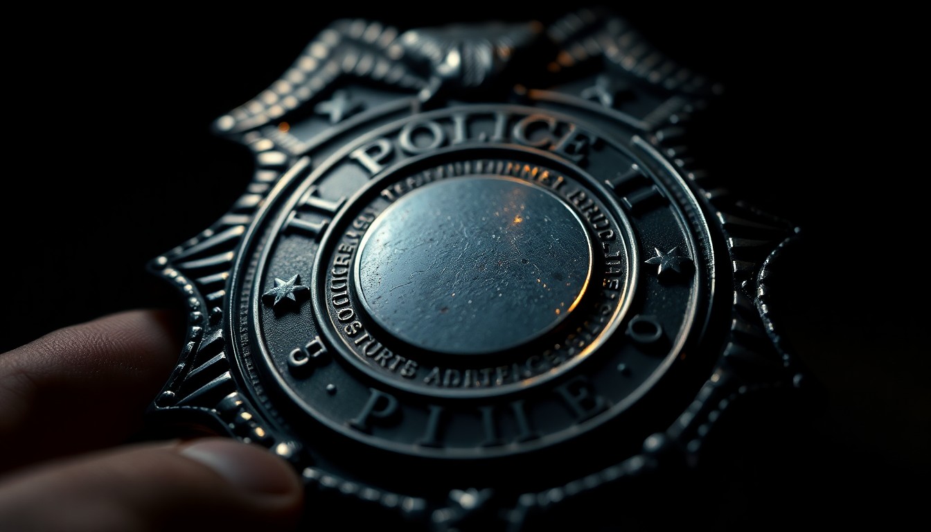 An extreme close-up photograph of a police badge, focusing on the intricate metal textures and dramatic lighting to create an intimate, serious mood conceptually representing the recognition of outstanding police service.