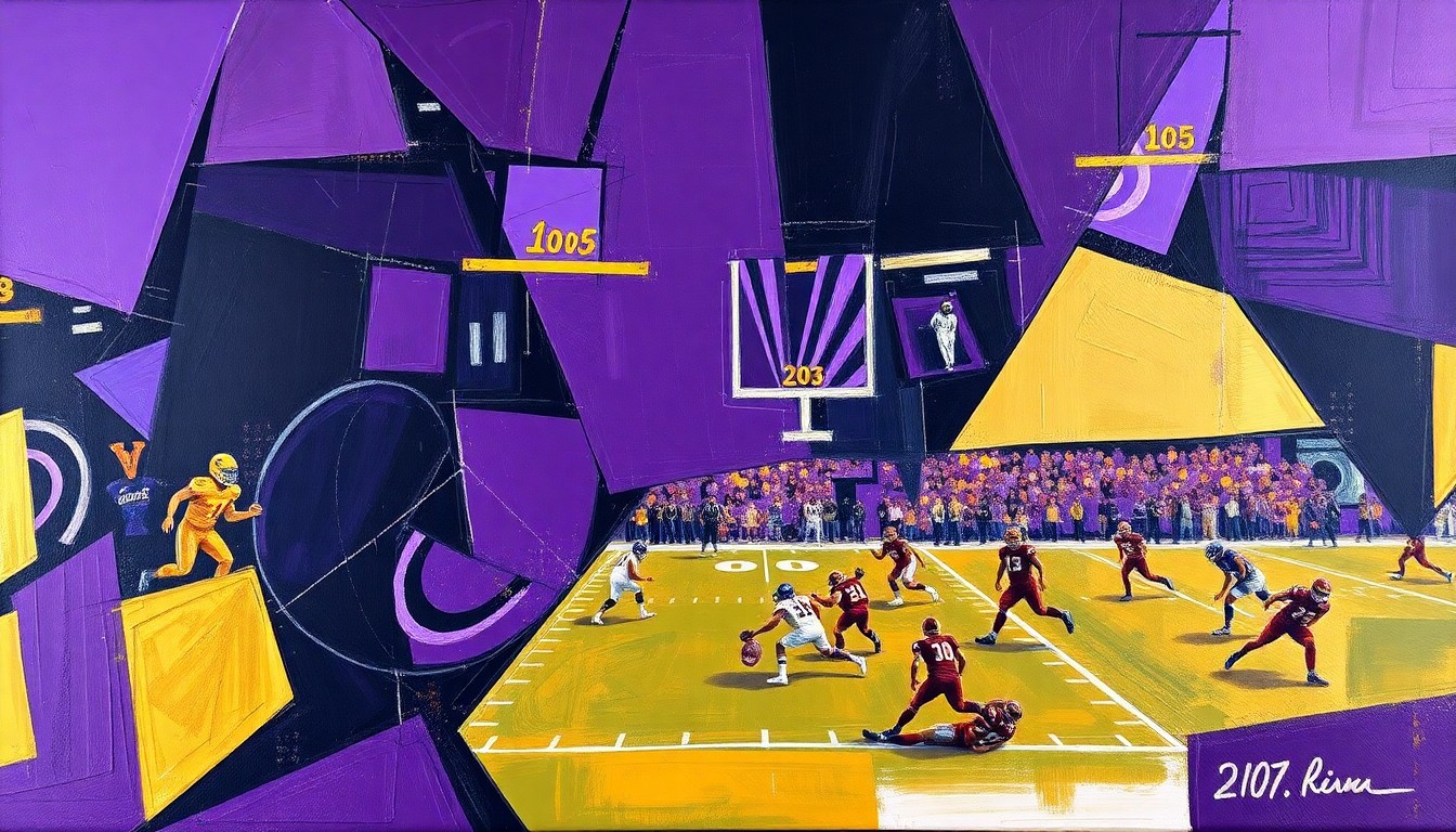 A cubist, geometric painting depicting a fragmented football field with overlapping shapes and planes in the team's colors, conceptually representing the challenge of rebuilding the offensive line.