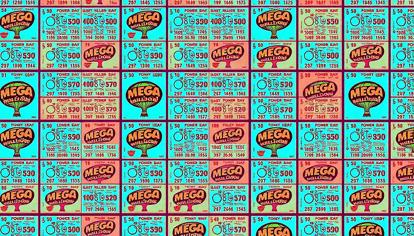 A brightly colored, high-contrast silkscreen print of a single, iconic lottery ticket object repeated in a tight grid pattern, utilizing flat, vibrant, and unnatural neon color palettes overlapping with heavy black photographic outlines to turn everyday lottery habits into modern pop art.