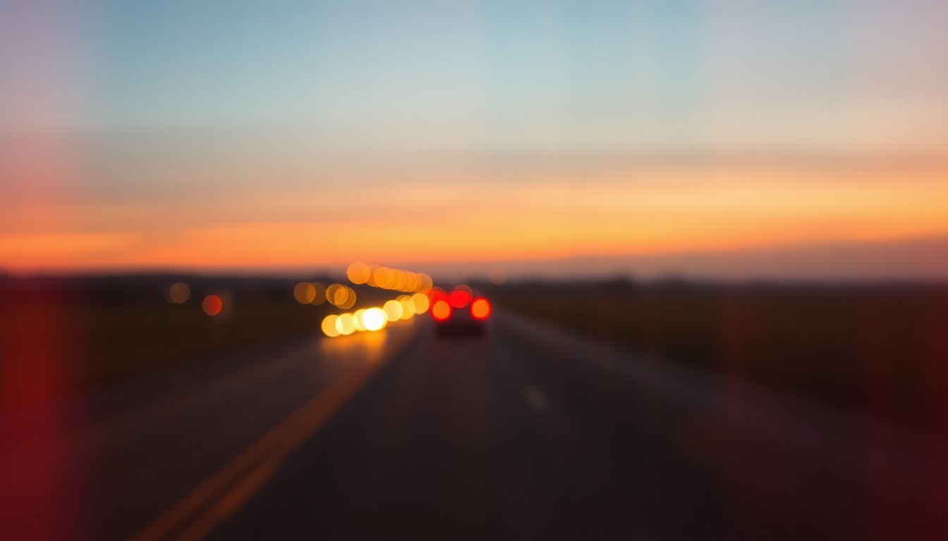 An abstract, impressionistic scene of a rural Iowa highway at dusk, with only the faint outlines of cars and streetlights visible through a hazy, warm color palette, conveying a sense of melancholy and concern over the state's rising traffic death toll.