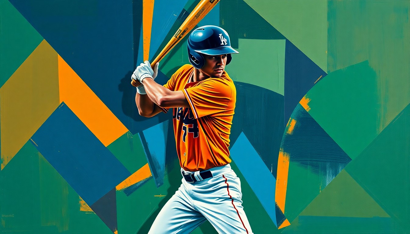 A cubist-style painting depicting a baseball player's batting stance and swing broken down into sharp, overlapping geometric shapes in a vibrant color palette, capturing the dynamic energy of the sport.