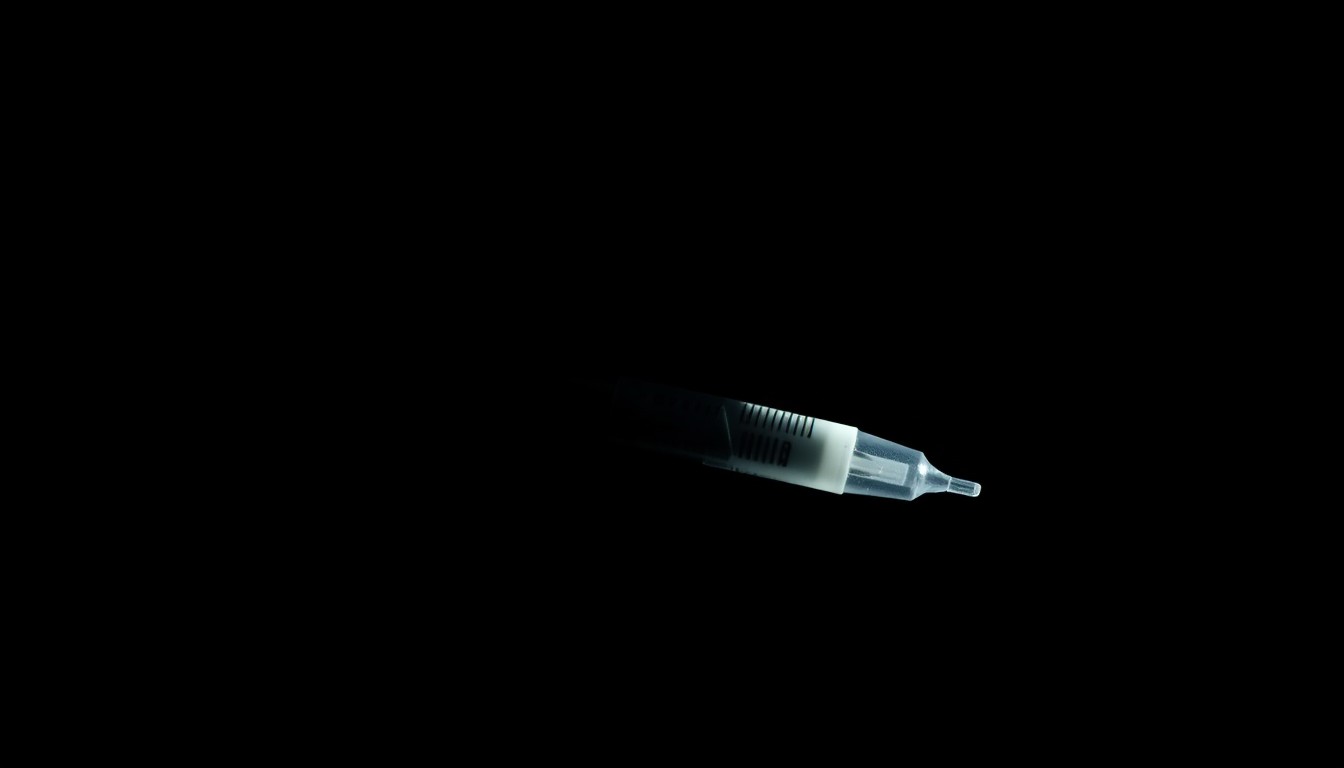 An extreme close-up photograph of a used hypodermic needle, its metallic surface reflecting the harsh light of the camera flash against a pitch-black background, conveying a stark, gritty, and investigative aesthetic.