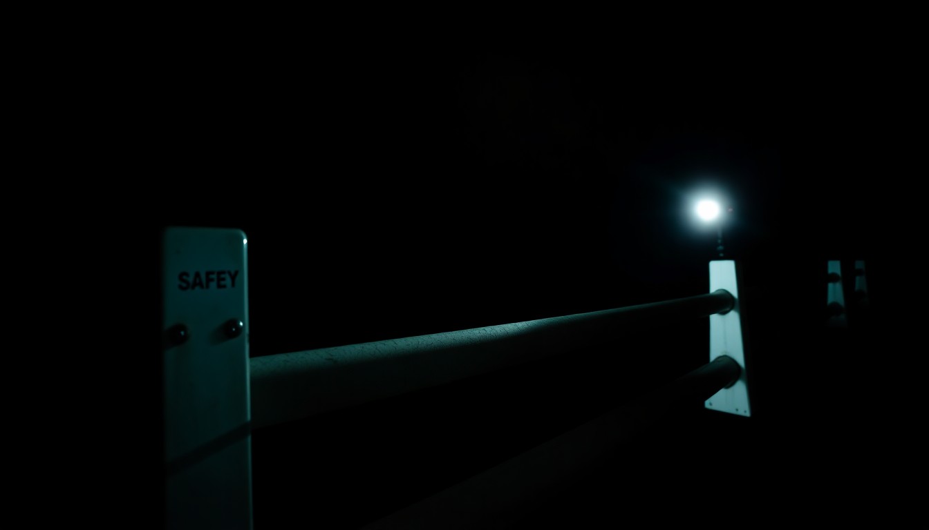 An extreme close-up photograph of a metal safety barrier on the Quechee Gorge Bridge, the harsh flash illuminating the textured surface and creating a stark, gritty aesthetic that conceptually represents the gravity of the situation.
