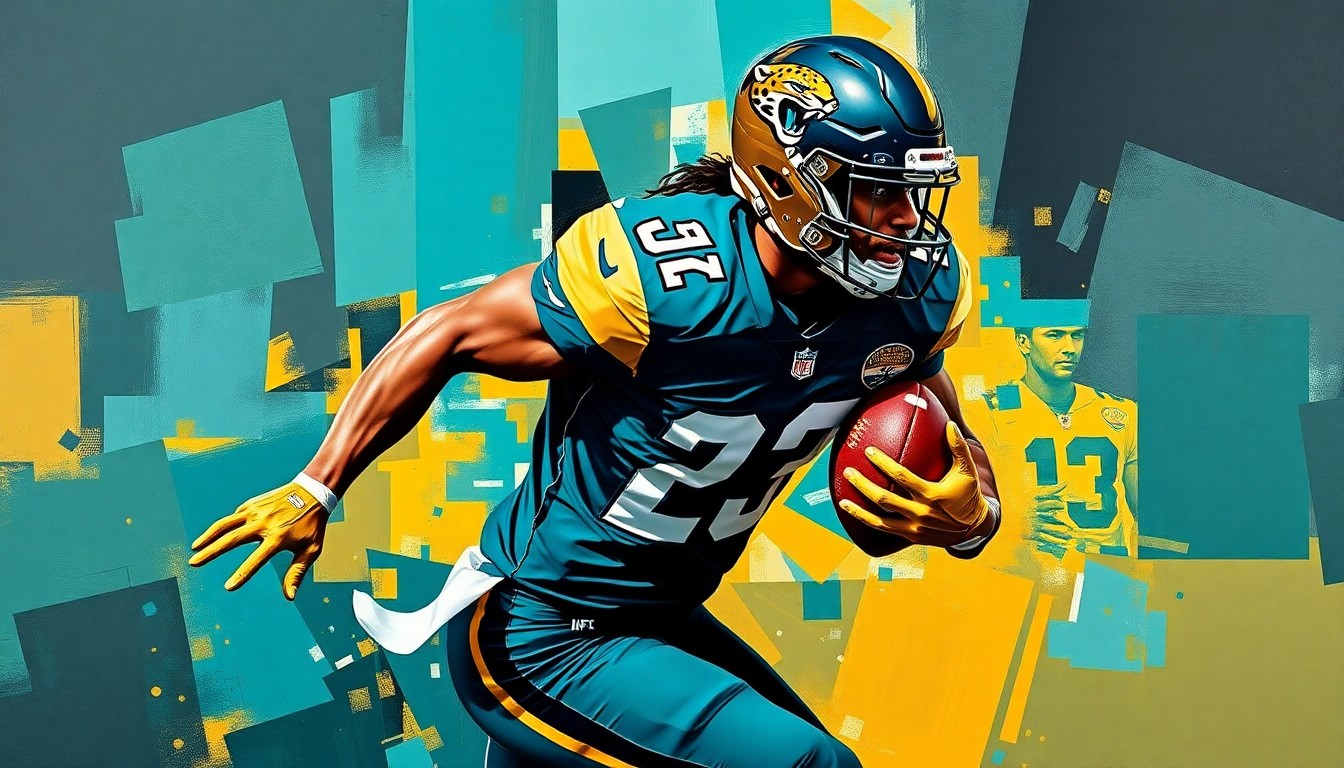 A fractured, multi-perspective painting depicting a football player in motion, broken down into sharp, overlapping geometric planes in vibrant teal, gold, and black colors.
