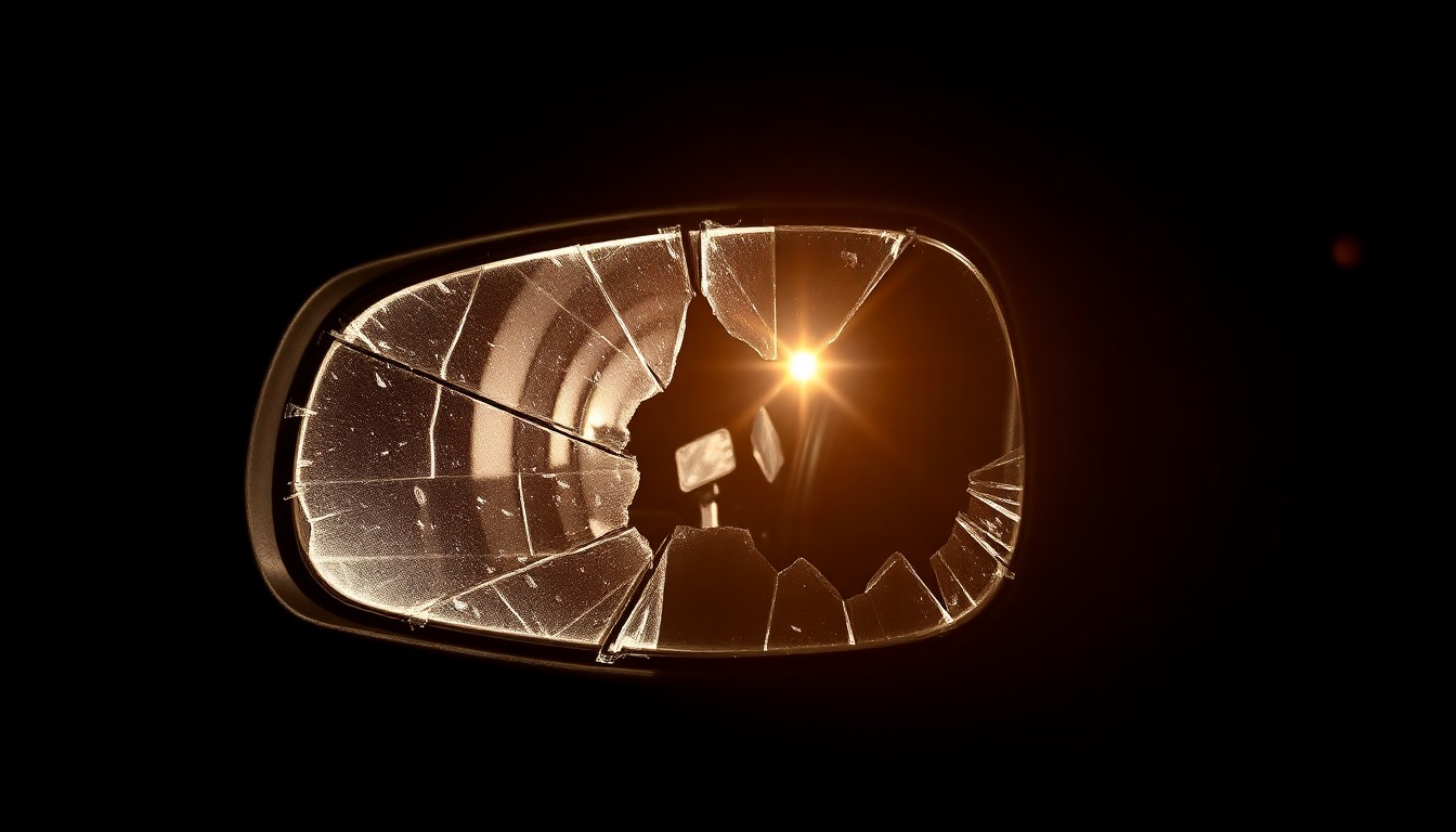 An extreme close-up photograph of a shattered car side mirror, the jagged edges and distorted reflection conceptually representing the chaos and danger of a high-speed police evasion.