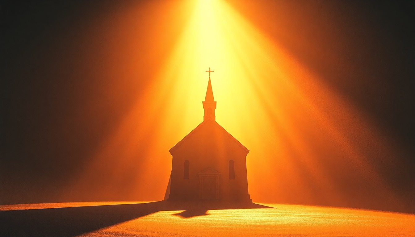 A serene, cinematic painting of a solitary church building in warm, golden light, conveying a sense of quiet contemplation and moral guidance amidst global tensions.