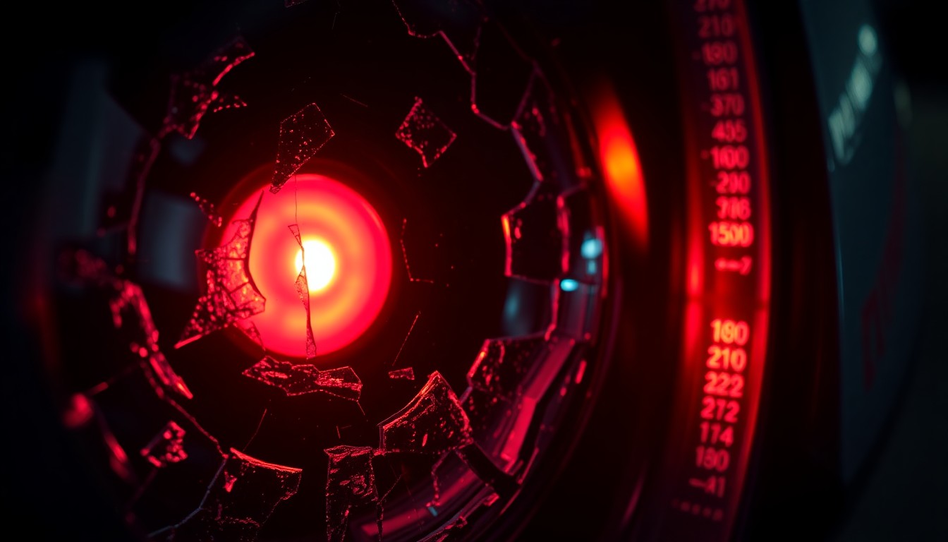 An extreme close-up of a shattered car sensor lens reflecting a faint red light, conceptually illustrating the damage caused by a serious motor vehicle crash.
