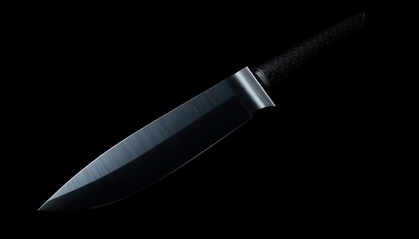 An extreme close-up photograph of a large hunting knife against a pitch-black background, the harsh flash lighting creating a stark, gritty, investigative aesthetic.