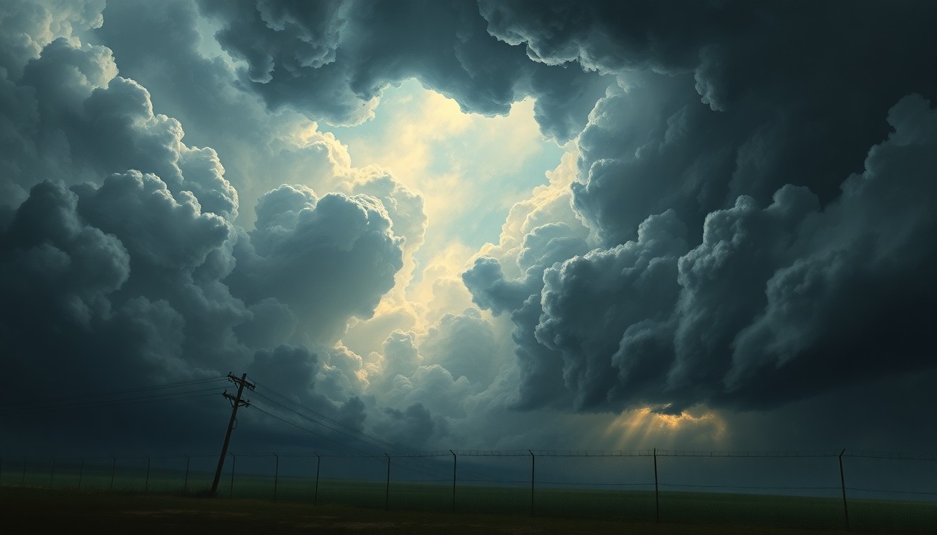 A vast, atmospheric landscape painting depicting a fallen power pole and damaged fencing surrounded by a dramatic, turbulent storm system, conveying the overwhelming scale and force of the natural disaster.