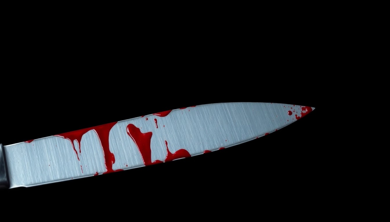An extreme close-up of a bloodied knife blade, conceptually illustrating the violence of a domestic stabbing incident without depicting any graphic imagery.