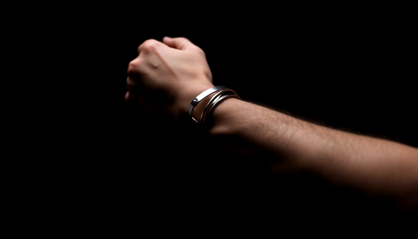 An extreme close-up of a handcuffed wrist against a pitch-black background, creating a stark, investigative aesthetic through the use of harsh, direct flash lighting.