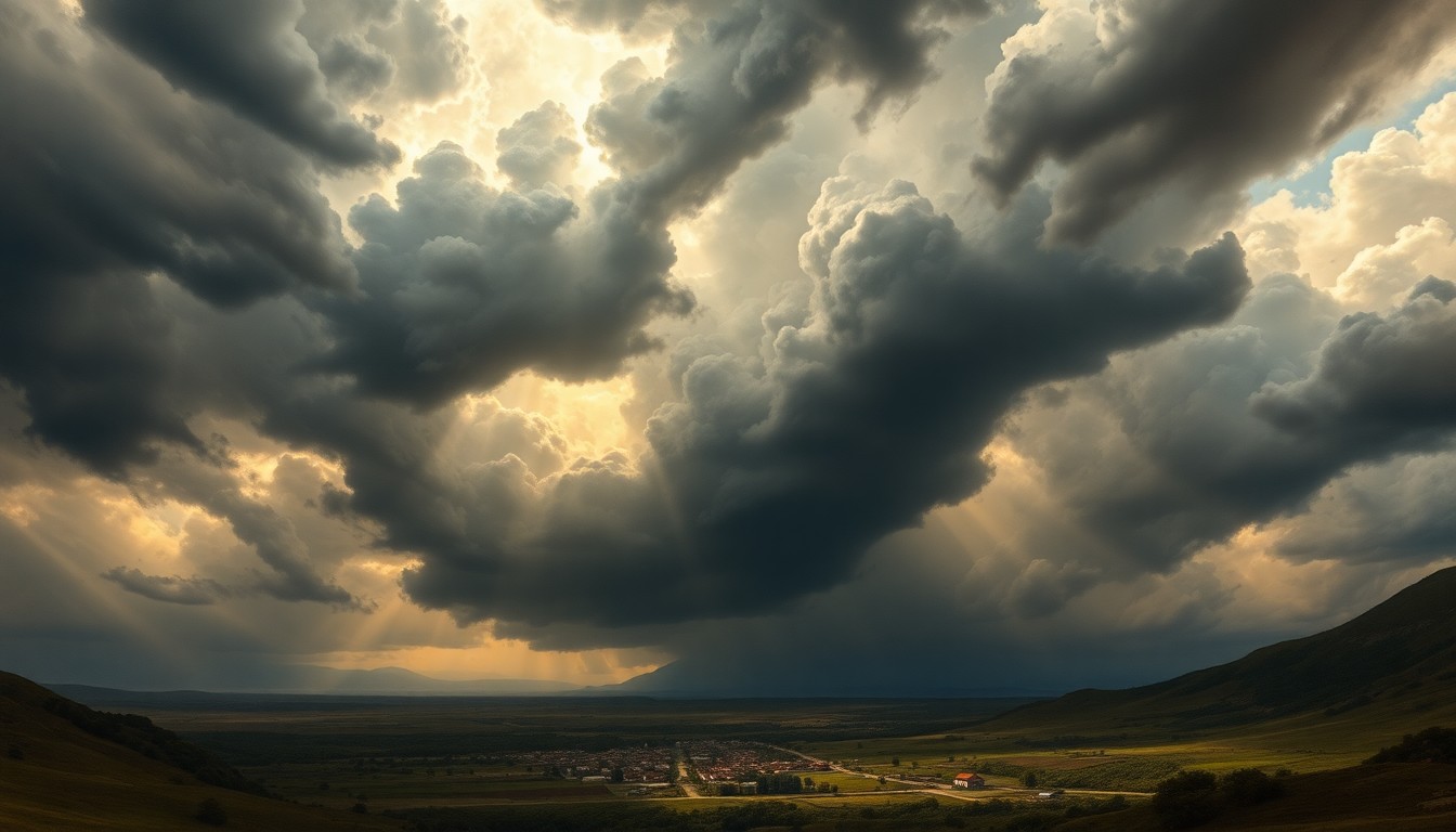 A vast, atmospheric landscape painting in muted tones of gray, blue, and gold, depicting a small town or rural setting dwarfed by an ominous, stormy sky filled with dramatic clouds and rays of light breaking through, conveying the overwhelming power and scale of an approaching severe weather system.