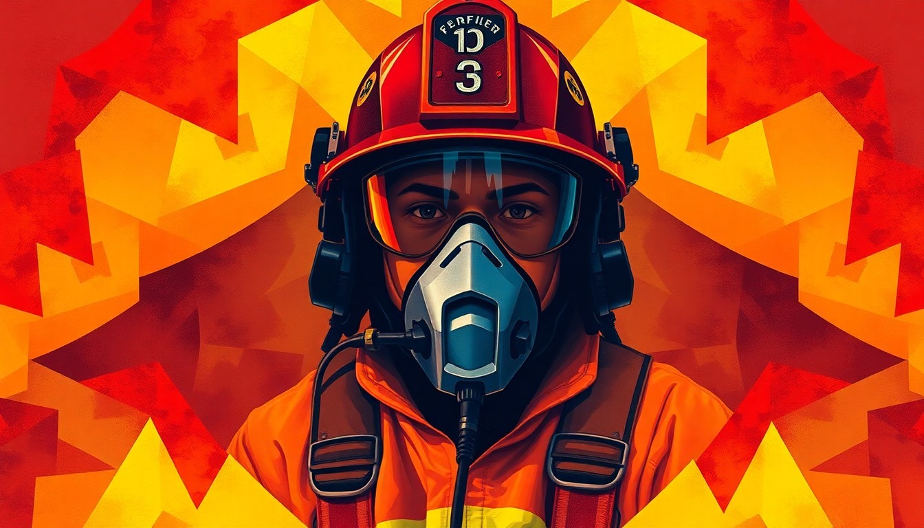A conceptual illustration featuring overlapping, geometric shapes in shades of red, orange, and yellow, representing a firefighter's helmet and oxygen tank in a dynamic, fragmented style that conveys the fast-paced nature of the job.