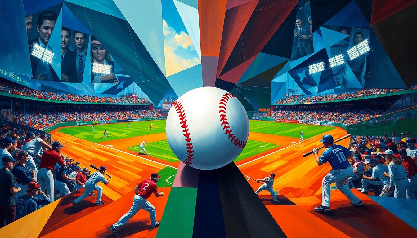 A fractured, multi-perspective painting in a cubist style, breaking down a baseball game into sharp, overlapping geometric shapes and planes of vibrant color, with the ball and bats as the central focal points.