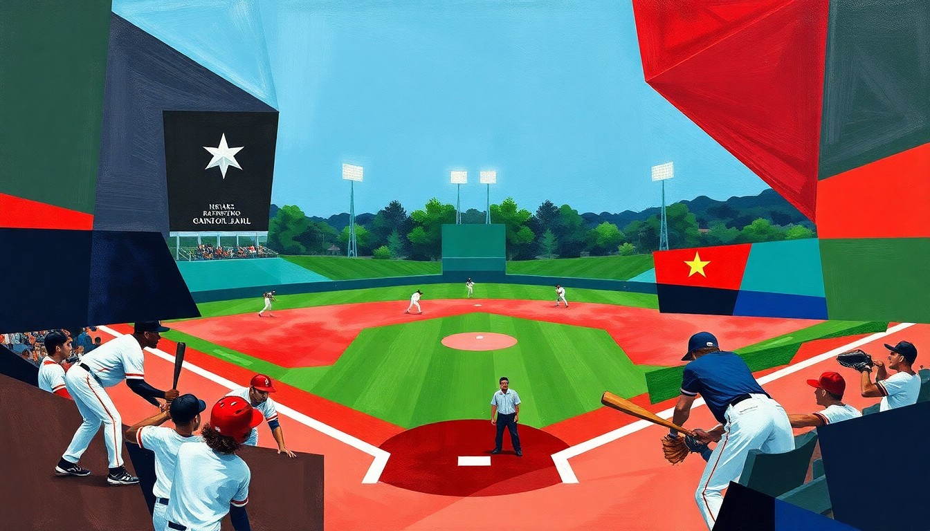 A fractured, cubist-style painting depicting the dynamic action of a high school baseball game, with players and the field abstracted into bold, overlapping geometric shapes and planes of vibrant colors.