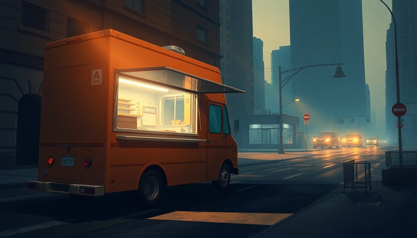 A photorealistic painting of an empty food truck parked on a quiet city street, with warm sunlight and deep shadows creating a sense of melancholy and nostalgia.