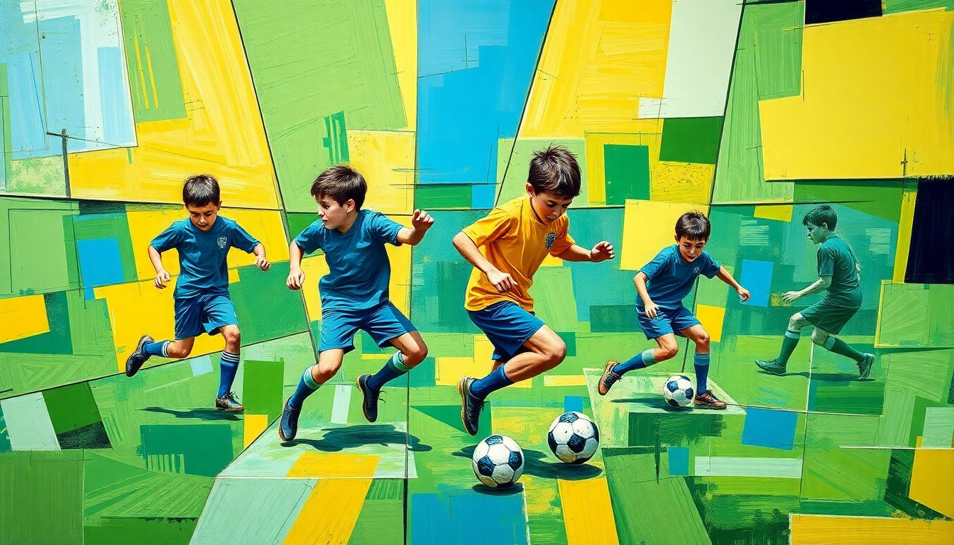 A cubist, geometric painting depicting the dynamic movements and energy of a high school boys soccer match, with overlapping planes of vivid green, blue, and yellow hues.