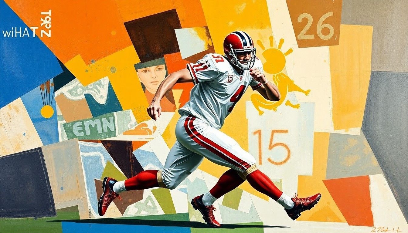 A cubist-style painting depicting a football player in motion, with their body broken down into sharp, geometric shapes and planes of color, representing the fragmented nature of the contract negotiations between the player and the team.