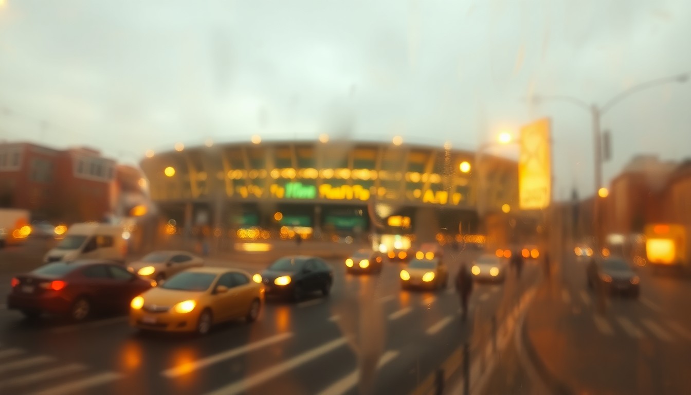 An abstract, blurry scene of vehicles and pedestrians moving through a busy urban intersection, with soft, warm pools of light and color creating an atmospheric, dreamlike mood.