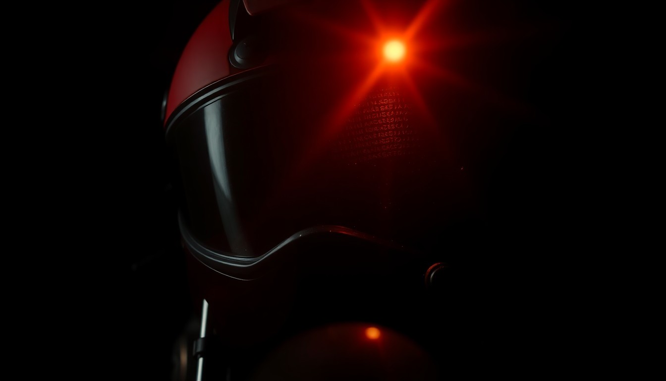 An extreme close-up photograph of a damaged motorcycle part, such as a helmet or mirror, lit by a harsh, direct flash against a pitch-black background, conveying the gritty, investigative nature of the incident.