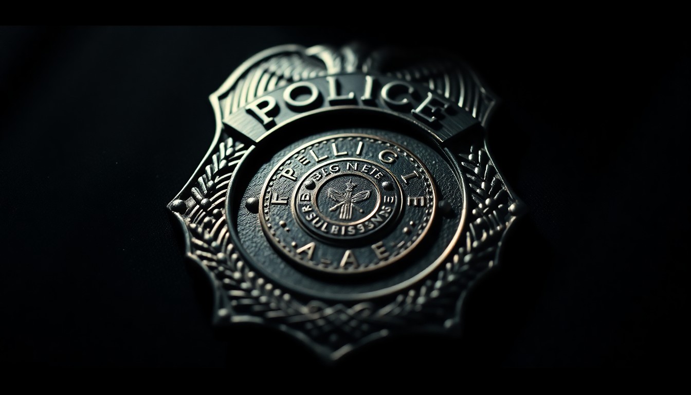 An extreme close-up photograph of a police badge, capturing the detailed metalwork and reflective surface in dramatic lighting to create an intimate, serious mood.