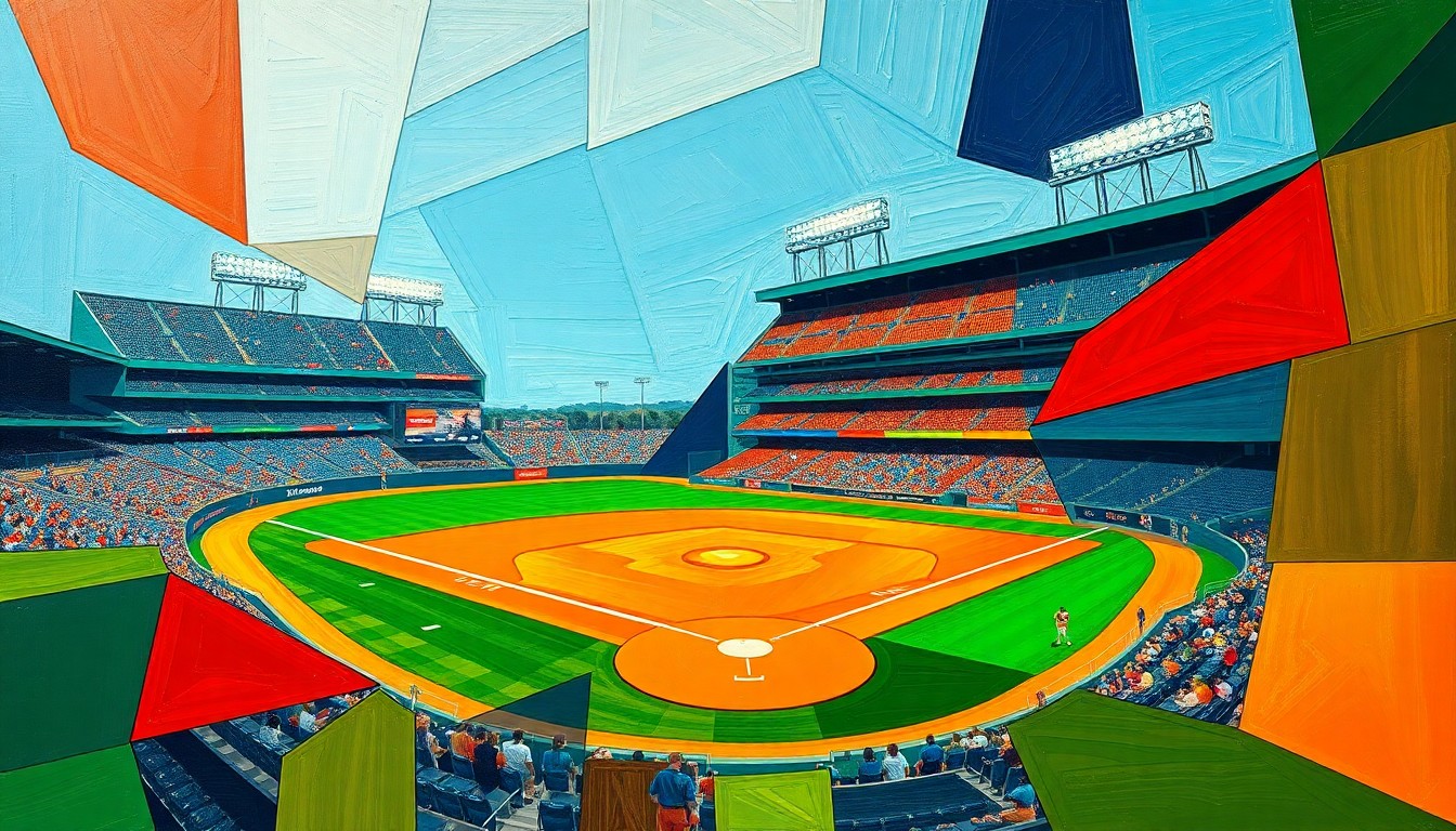 A fragmented, abstract painting depicting a college baseball game with sharp, overlapping shapes in bright orange, navy blue, and forest green, conveying the intensity and motion of the sport.