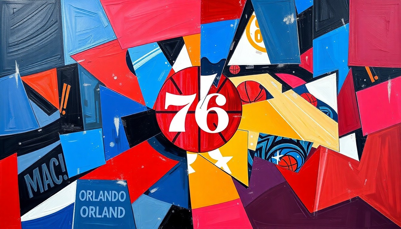 A fragmented, geometric painting depicting a basketball game between the Philadelphia 76ers and Orlando Magic, with sharp planes of color and overlapping shapes representing the dynamic action on the court.