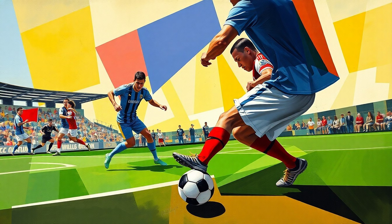 A cubist, geometric painting depicting the dynamic action of a soccer match, with players and the ball represented as fragmented, overlapping shapes and planes of color.