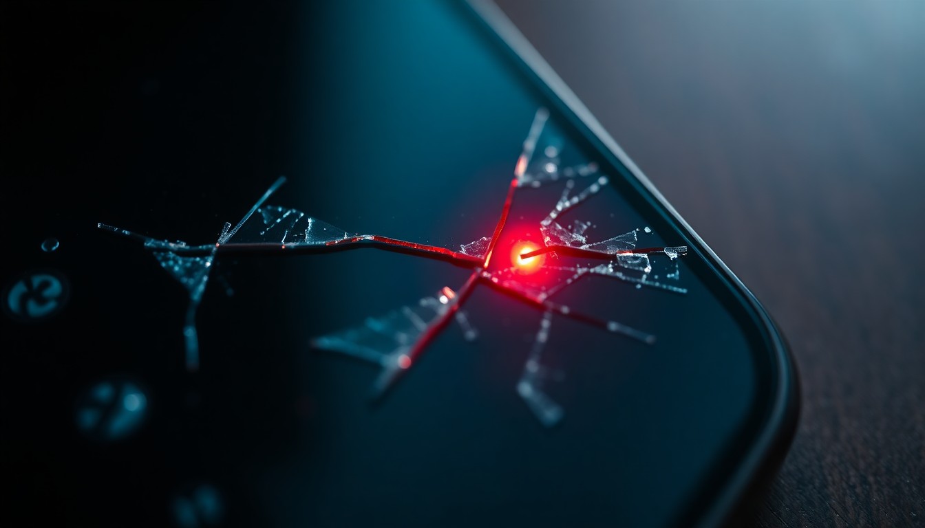 An extreme close-up of a shattered car sensor lens reflecting a faint red light, conceptually illustrating the vandalism of self-driving cars.
