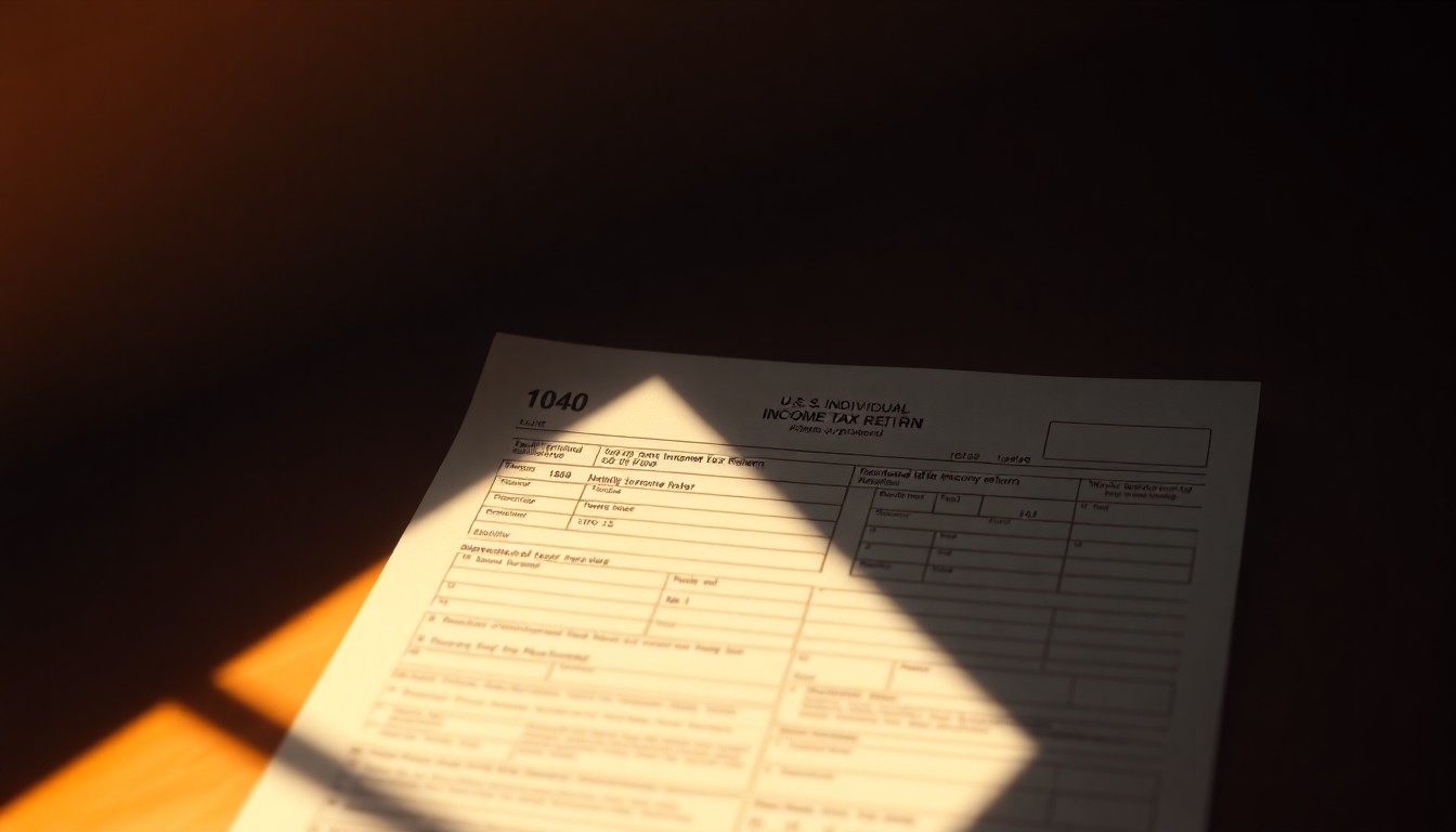 A photorealistic painting in the style of Edward Hopper, depicting a solitary 1040 U.S. Individual Income Tax Return document sitting on a desk, bathed in warm, diagonal sunlight and deep shadows, conveying a sense of melancholy and isolation associated with the annual tax filing process.
