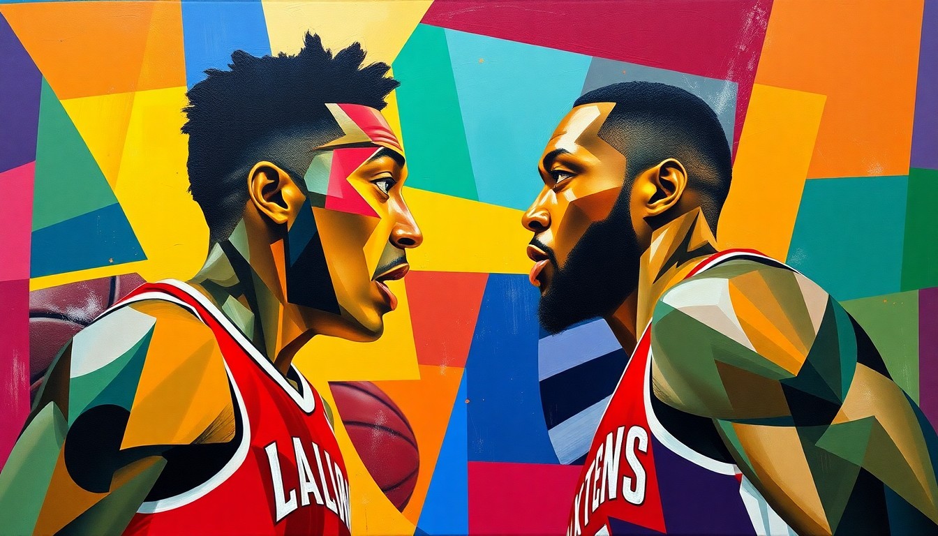 A cubist, geometric painting depicting the confrontation between two basketball players in overlapping planes of bright team colors, capturing the intensity and fractured perspectives of the heated moment.