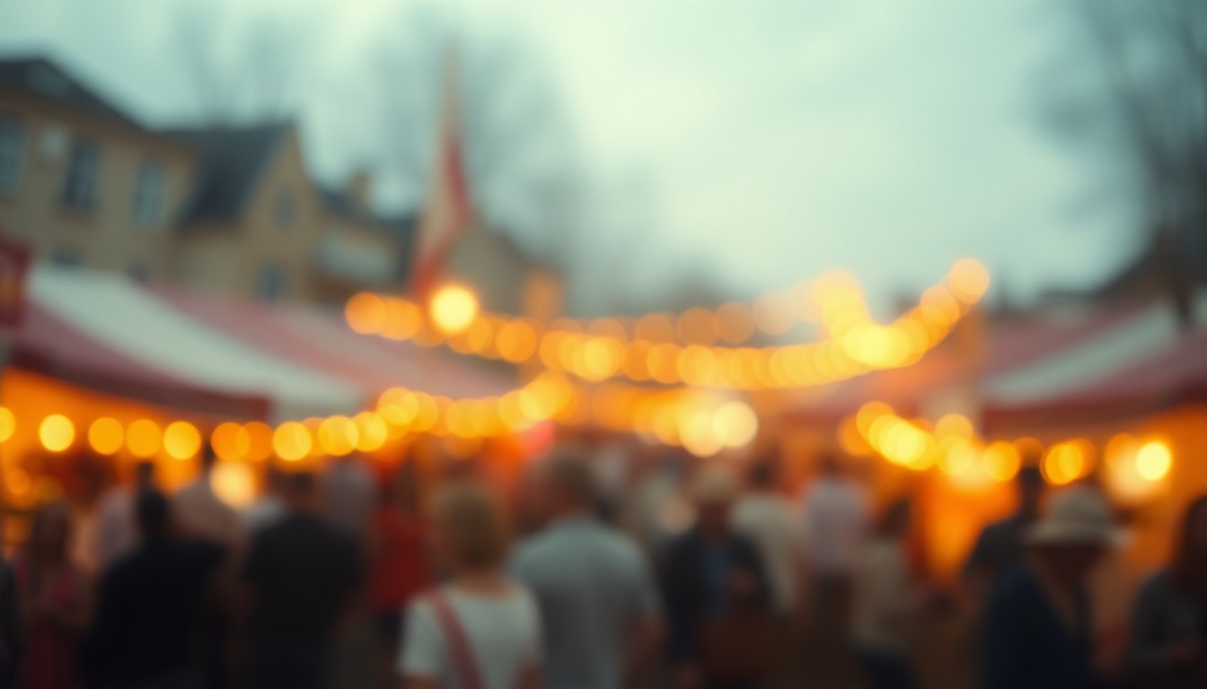 An abstract, impressionistic scene of blurred, warm-toned shapes and colors representing people gathering at a community event or celebration, conveying a sense of energy and connection.